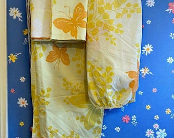 4pc Vintage Yellow & Orange Floral Butterfly Twin Sheet Set Cotton Blend