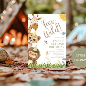 Two Wild Birthday Invitation | Safari Jungle Animals Birthday Invite | Editable 2nd Birthday Template | Wild Two Digital Download