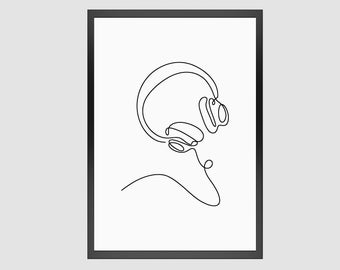 Minimalist Headphones Line Art Print: Music Room Decor (Digital Download)