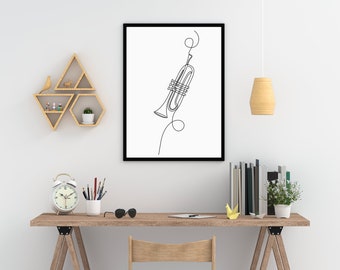 Trumpet Line Art Print: Minimalist Music Wall Decor (digital