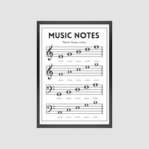 Music Notes Worksheet, Music Lesson Printable Poster, Piano Lesson, Music Theory, Student, Kids, Music Education, Printable Download
