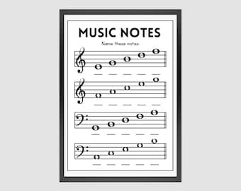 Music Notes Worksheet: Piano Lesson Printable Poster (Digital Download)