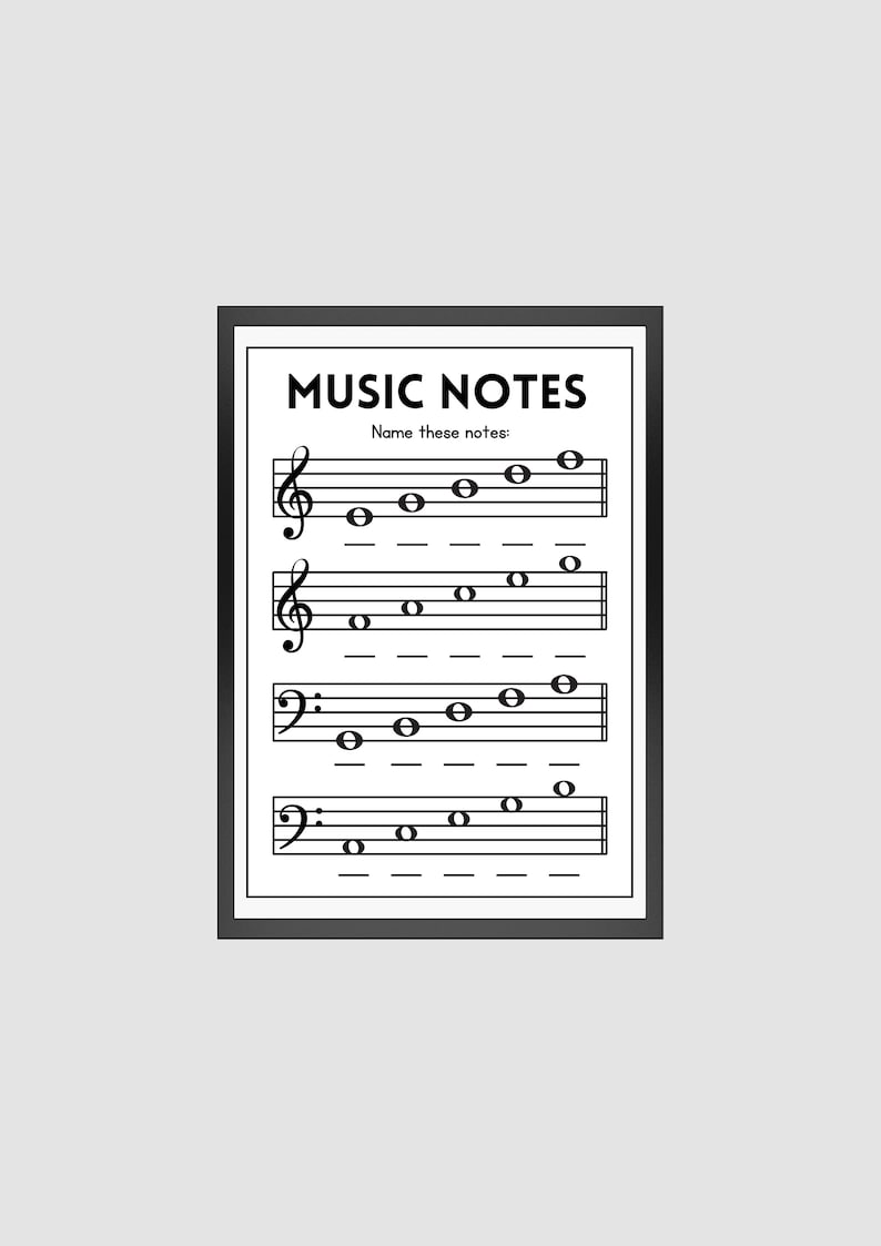 Music Notes Worksheet, Music Lesson Printable Poster, Piano Lesson