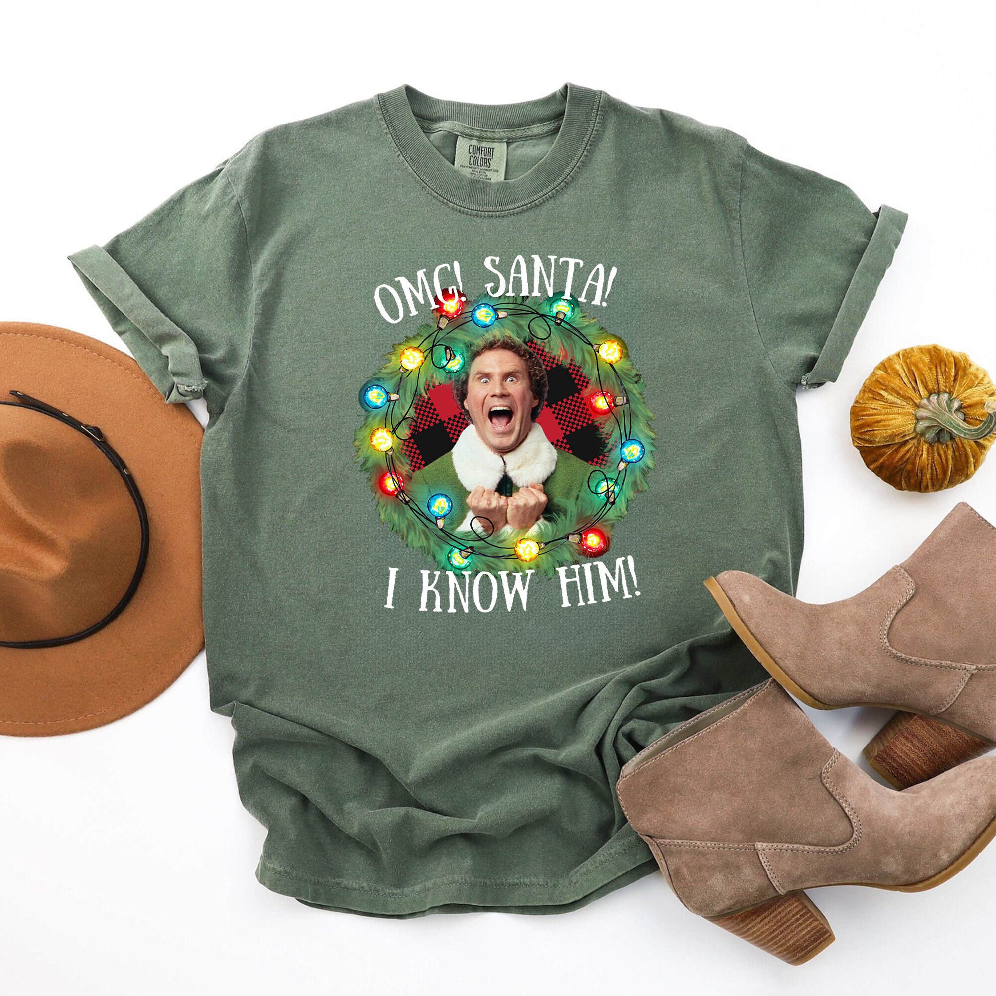 Comfort Colors® Buddy the Elf Santa I Know Him Shirt, Elf Movie Christmas Pajama Shirt, Funny