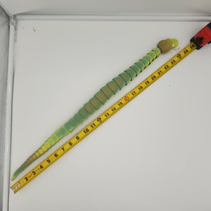 May include: A green and yellow segmented toy snake measuring 22 inches long. The snake is lying on a white surface next to a yellow measuring tape.