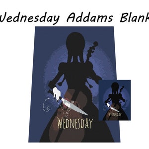 Könnte beinhalten: Eine dunkelblaue Decke mit einer Silhouette von Wednesday Addams, die ein Messer und eine Geige hält. Das Wort "Wednesday" ist in einer Serifenschrift geschrieben. Eine kleinere Version des Bildes befindet sich in der unteren rechten Ecke.