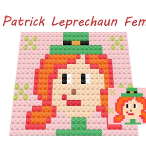 May include: A pixel art illustration of a female leprechaun with red hair, a green hat, and a green shirt. The background is pink with green four-leaf clovers.