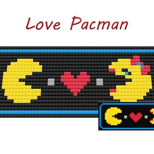 May include: A pixelated image of two Pac-Man characters, one yellow and one pink, facing each other with a red heart between them. The characters are on a black background with a blue border. The text "Love Pacman" is above the image.
