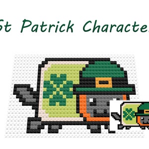 May include: A pixelated illustration of a green, black, and orange St. Patrick's Day character wearing a green hat with a gold buckle. The character is holding a shamrock. The character is standing on a white background.
