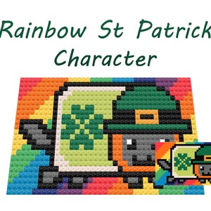 May include: A pixelated rainbow background with a green leprechaun character wearing a green hat with a gold buckle. The character is holding a four-leaf clover.