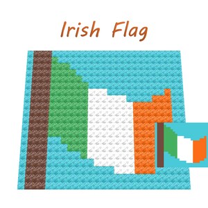 May include: A pixelated representation of the Irish flag, with the colours green, white, and orange. The flag is made up of small squares, and the text "Irish Flag" is written above it.