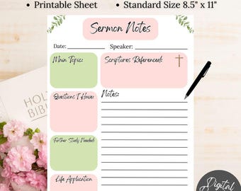 Sermon Note Template, Bible Study Printable (Digital Download)