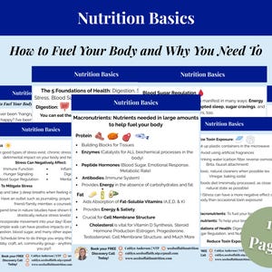 Può includere: Un documento digitale intitolato "Nutrition Basics" con il testo "How to Fuel Your Body and Why You Need To". Il documento include informazioni su digestione, stress e macronutrienti. Un cerchio verde mostra "13 pagine."