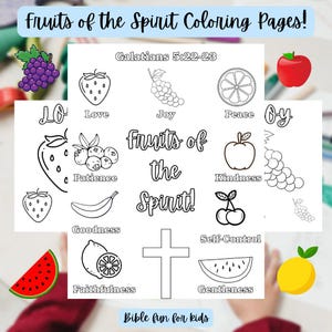 Fruits of the Spirit Coloring Pages, Galatians 5:22-23 Printable, Kids Bible Activities, Sunday School Craft, Homeschool Worksheets