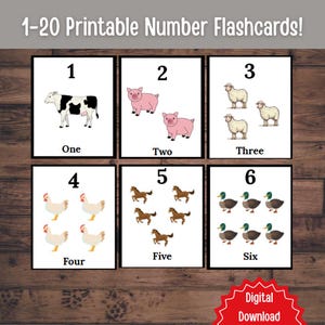 Printable Number Flashcards 1-20 for Kids, Farm Animal Theme, Homeschool Educational Materials, Digital Download Learning Cards