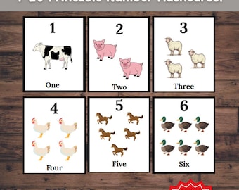 Tarjetas didácticas con números de animales de granja del 1 al 20, tarjetas de aprendizaje imprimibles (descarga digital)