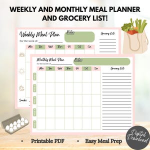 Weekly and Monthly Meal Planner Printable, Grocery List Template, Meal Prep Organizer, Food Tracker, Kitchen PDF for Moms and Families