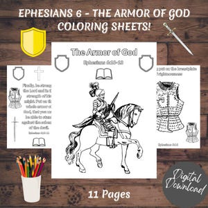 Printable Coloring Sheets, Ephesians 6:10-18, Full Armor of God Bible Verse, Christian Kids Activity, Scripture Coloring Pages, Church Craft