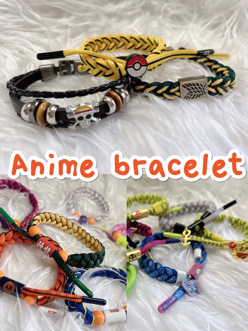 May include: A collection of colorful anime-themed bracelets with various characters and designs. The bracelets are made of woven string and feature charms like a skull, a pokeball, and a wing.