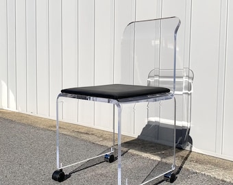 Vintage Acrylic Lucite Vinyl Vanity Desk Chair Waterfall Hollywood Regency on Casters