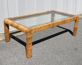 Vintage Mid Century Boho Rattan Wrapped Waterfall Coffee Table Glass Top Rectangle