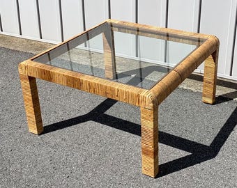 Vintage Mid Century Boho Rattan Wrapped Waterfall Coffee Table Glass Top Square