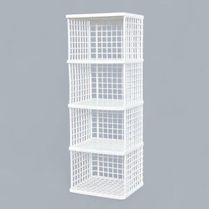 May include: A white plastic storage unit featuring four stacked rectangular compartments with an open grid design. The structure is composed of a rigid wire-like frame forming square openings on all sides, providing a clear view into each shelf.