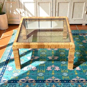 Vintage Mid Century Boho Rattan Wrapped Waterfall Coffee Table Glass Top Square
