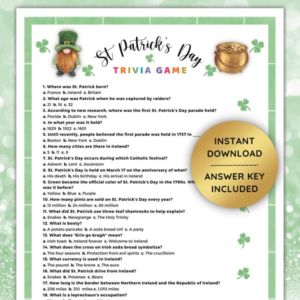 St Patrick’s Trivia, St Patrick’s Day Game, Trivia Game for Adults, St Patrick’s Game, Trivia Printable, Patty's Day Games, St Pattys Day