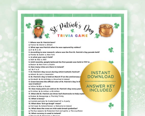 St Patrick’s Day Trivia Game for Adults, St Patrick’s Day Game, St Patrick’s Game, Trivia Printable, St Patty's Day Game for Quiz Pub Bar