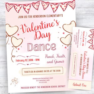 Valentinstag Flyer für Schultanz, PTA PTO Fundraiser Flyer, Ticket Valentinstag Einladung für Sweetheart Dance, bearbeitbarer Event Flyer