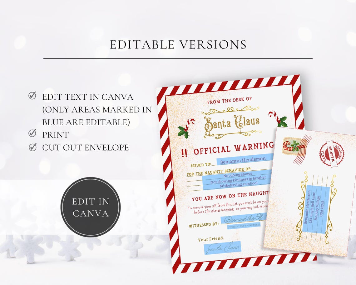 Naughty List Warning, Printable Santa Warning Letter, Editable Naughty ...