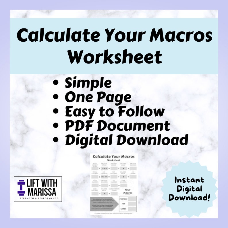 Macro Calculator Digital Download Worksheet, Easy Macro Calculator