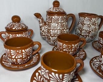 Mexican clay Teapot set with matching cups; Cielito lindo inspired tea set; Handmade 6 person coffee or tea set