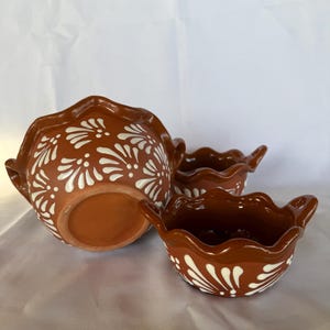 3 sizes cielito lindo inspired bowls; Engobe bowls with white talavera design