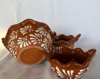 3 sizes cielito lindo inspired bowls; Engobe bowls with white talavera design