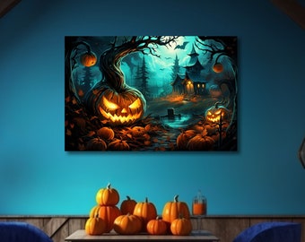 Halloween Decor Haunted House in the Woods Halloween Party Haunted Forest Jack O Lantern Wall Art Haunted House Print Halloween Painting