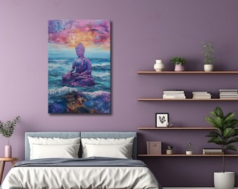 Buddha Wall Art Buddha Meditating at Sea Impasto Painting Zen Wall Art Above Bed Decor Buddha Art Abstract Painting Spiritual Wall Art