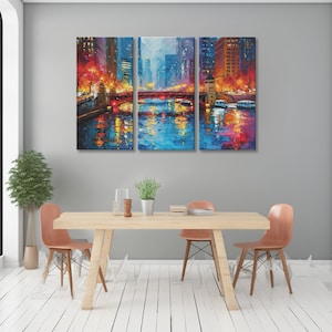 Triptych Wall Art Aesthetic Room Decor Chicago Wall Art Impressionist Painting Chicago Skyline Oil Painting Chicago Print Above Bed Decor