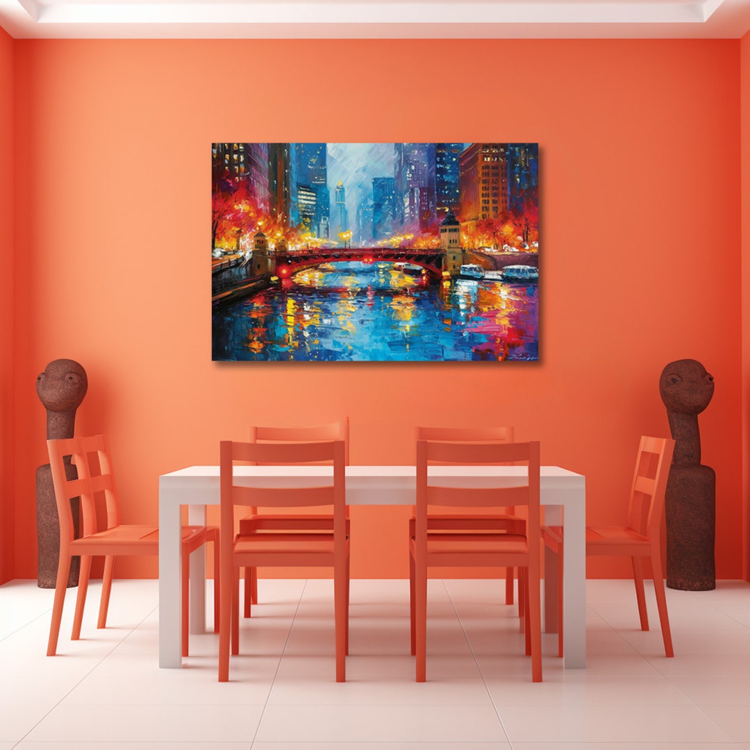 Chicago Wall Art Impressionist Painting Aesthetic Room Decor Chicago Skyline Oil Painting