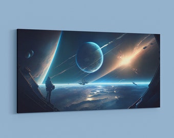 Space Art View of Space Warfare From the Deck of a Spaceship in Outer Space AI-Generated Art Space Canvas Print AI Painting Bedroom Wall Art
