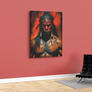 May include: A painting of a Native American man with a fierce expression. He is wearing a headdress and has blue paint on his face and chest. The background is a fiery orange.
