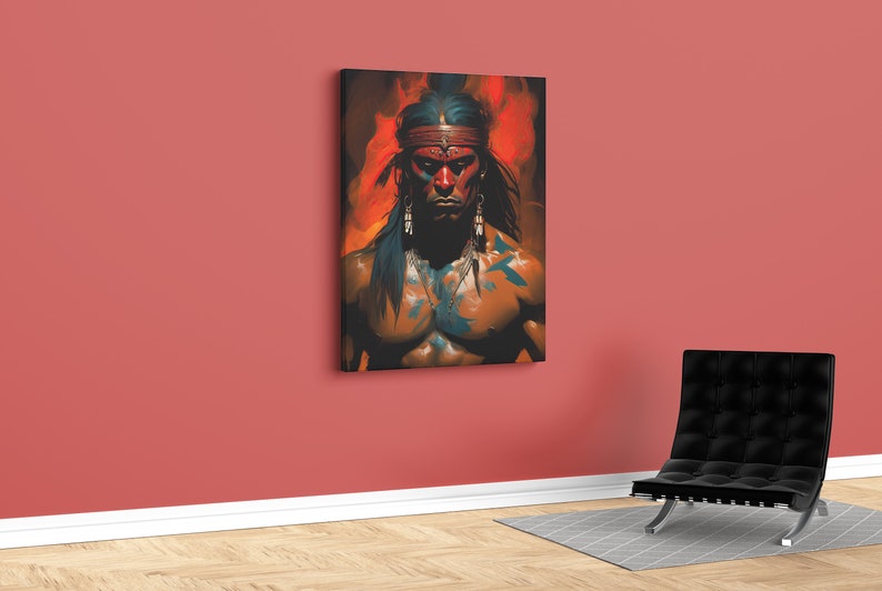 May include: A painting of a Native American man with a fierce expression. He is wearing a headdress and has blue paint on his face and chest. The background is a fiery orange.
