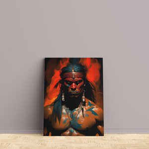 May include: A painting of a Native American man with a red and blue headdress, wearing a red headband and earrings. He has a serious expression on his face and is painted in a realistic style.