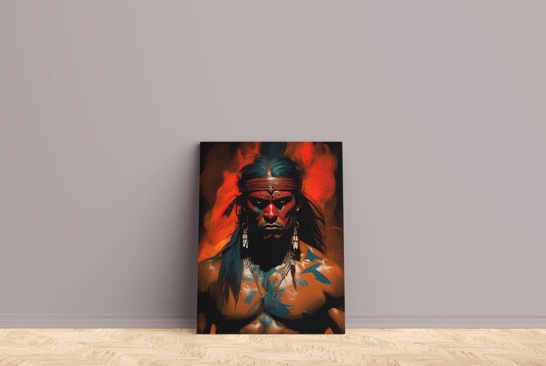May include: A painting of a Native American man with a red and blue headdress, wearing a red headband and earrings. He has a serious expression on his face and is painted in a realistic style.