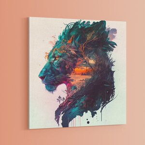 ウォールアート ライオンヘッド 二重露光絵画 ライオン絵画 アフリカの壁アート ライオン壁装飾 自然の壁アート キャンバス壁掛け ライオンの肖像画
