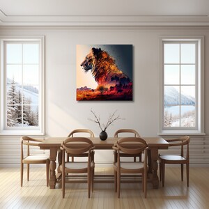 ライオンの絵画 壁アート ライオンヘッド サバンナ 風景画 自然の壁アート 二重露光絵画 ライオン キャンバス 壁アート ベッドの上の装飾
