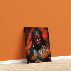 May include: A painting of a Native American man with a red and blue headdress, looking directly at the viewer. The background is a fiery orange and red.
