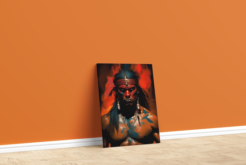 May include: A painting of a Native American man with a red and blue headdress, looking directly at the viewer. The background is a fiery orange and red.