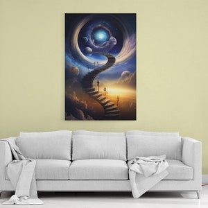 May include: A surreal painting of a staircase leading up into a swirling galaxy with planets and stars. The staircase is made of stone and has a golden glow. The galaxy is a vibrant blue and purple with a bright white light at its center.